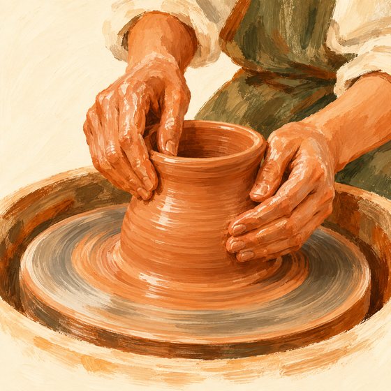 A potter’s hands shaping a bowl on a spinning wheel