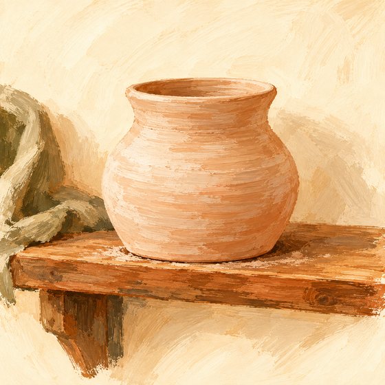 A finished pot drying on a wooden shelf beside a cloth