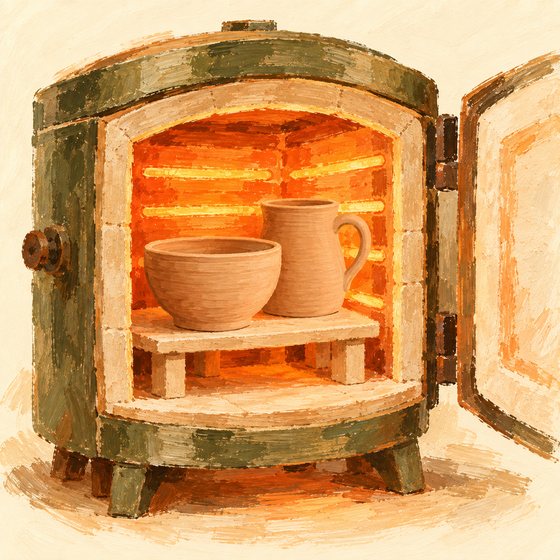 An open kiln glowing orange with bisque pots inside
