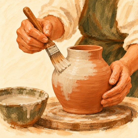 A hand brushing glaze onto a pot beside a bowl of glaze