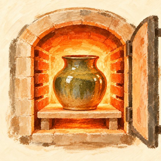 A glazed pot inside a glowing kiln with the door open