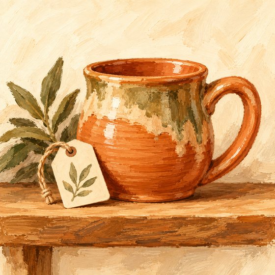 A finished glazed mug with a tag on it, on a wooden shelf