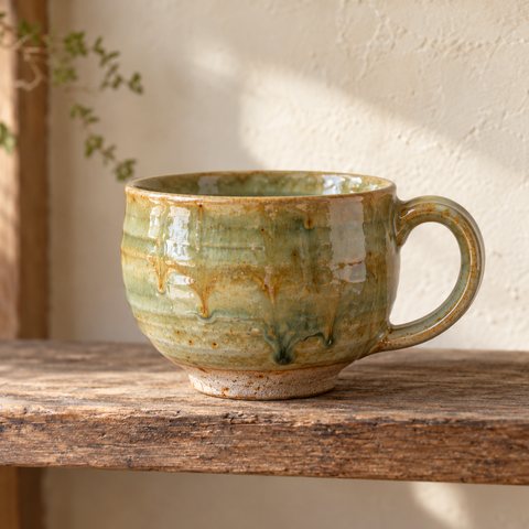A mug in a runny honey-green ash glaze, thicker and darker as it gathers toward the foot.