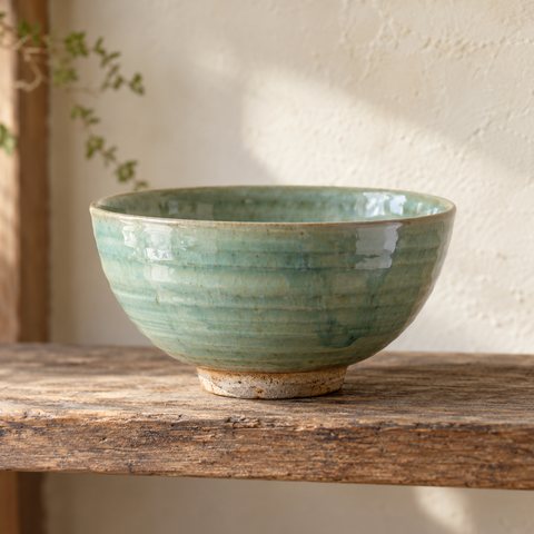 A shallow bowl in a pale blue-green celadon, darker where the glaze has pooled in the throwing rings.