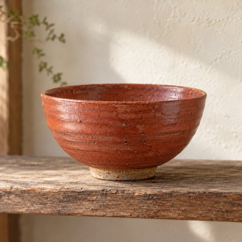 A dry brick-red bowl with a matte, slightly chalky surface.