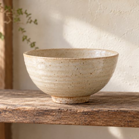 A soft speckled cream bowl with a matte, stony surface.