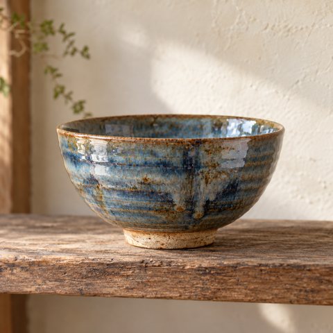 A streaked blue bowl, the blue breaking over brown in uneven bands.