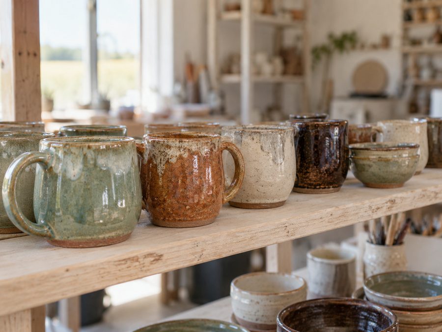 Finished glazed stoneware mugs and bowls on a pale wooden shelf