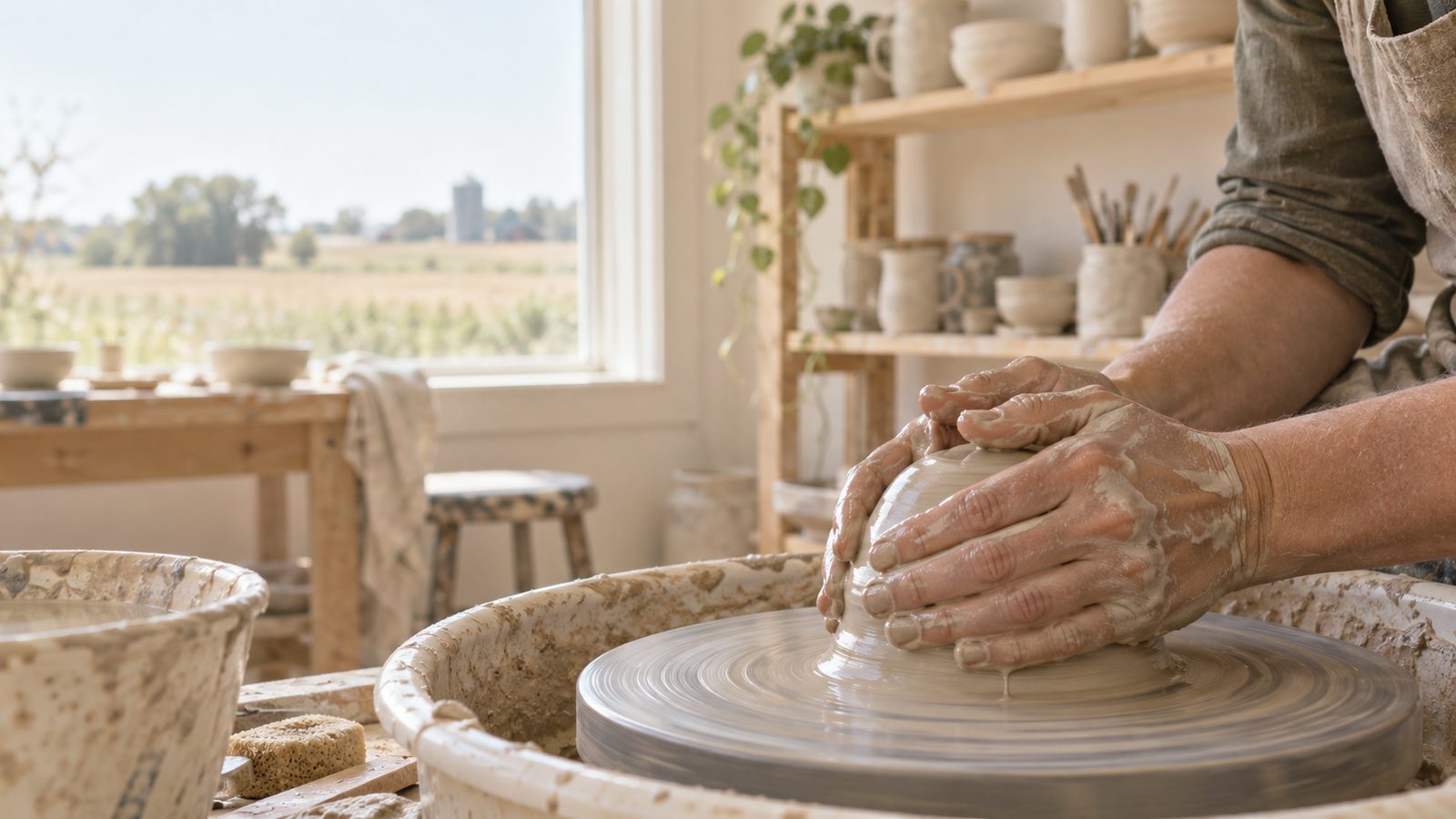 Hands centering wet clay on a potters wheel, with an Iowa field through the studio window