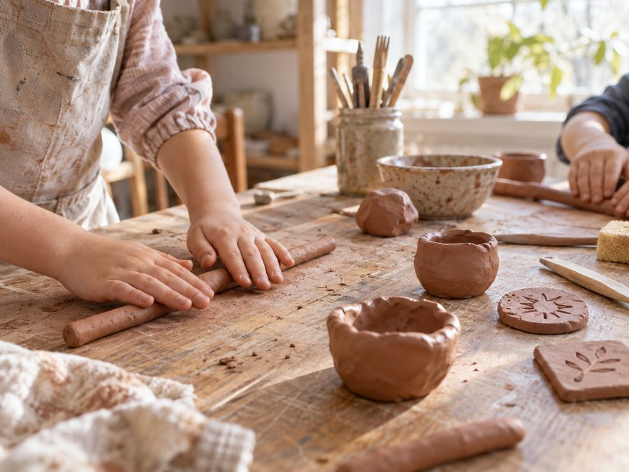 Small hands rolling coils of clay on a wooden worktable