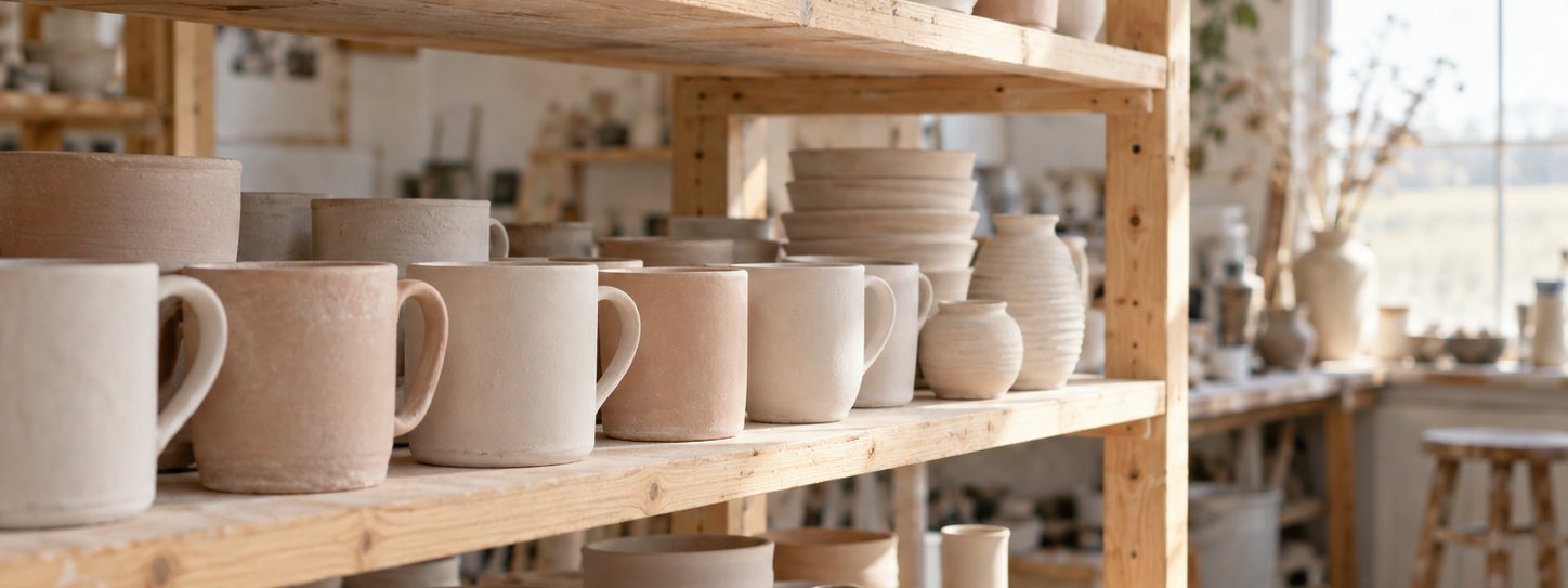 Studio shelves stacked with rows of unglazed bisque-fired pottery