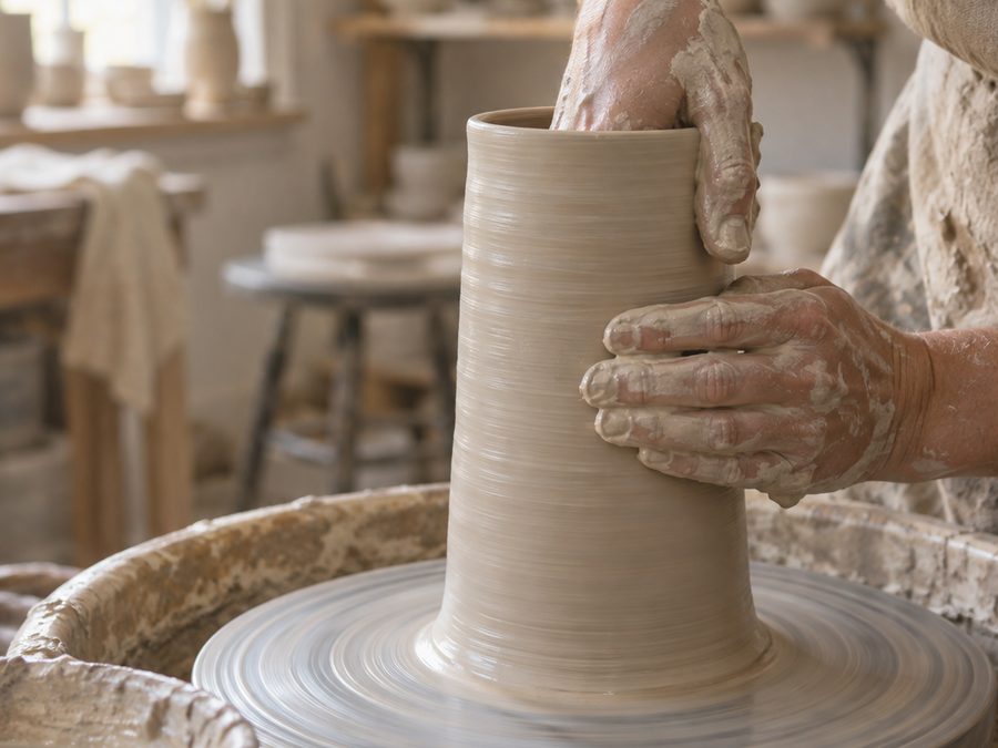 Hands pulling the wall of a tall cylinder on a potters wheel